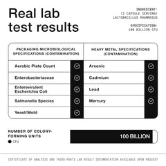 Toniiq Lactobacillus Rhamnosus label graphic communicates potency and purity.