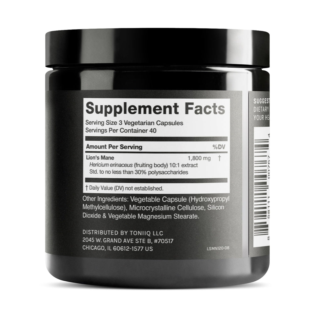 Toniiq Lion's Mane capsules close-up for daily routine and focus