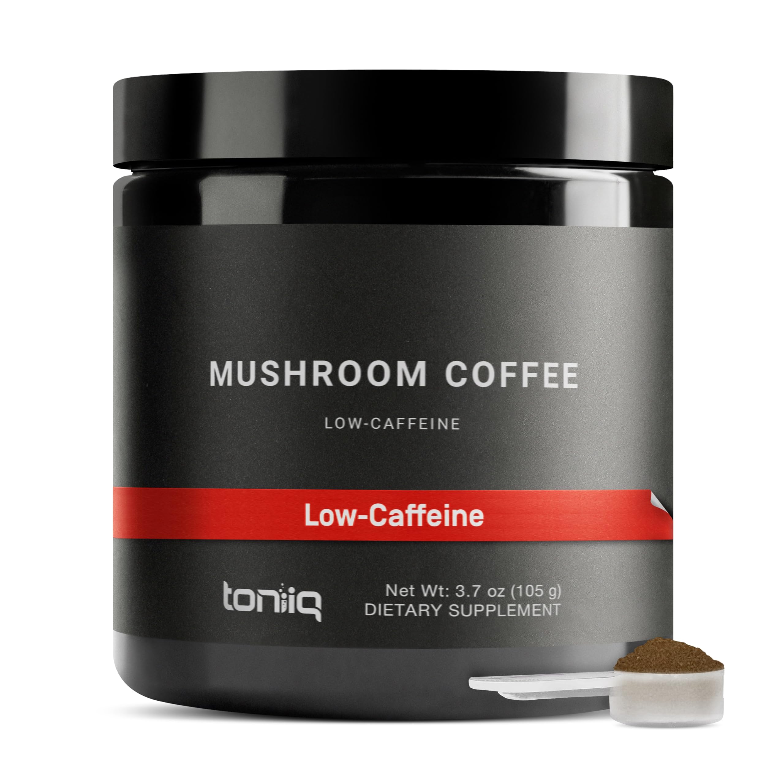 Toniiq low-caffeine mushroom coffee bag label highlights premium Colombian beans for balanced mornings.