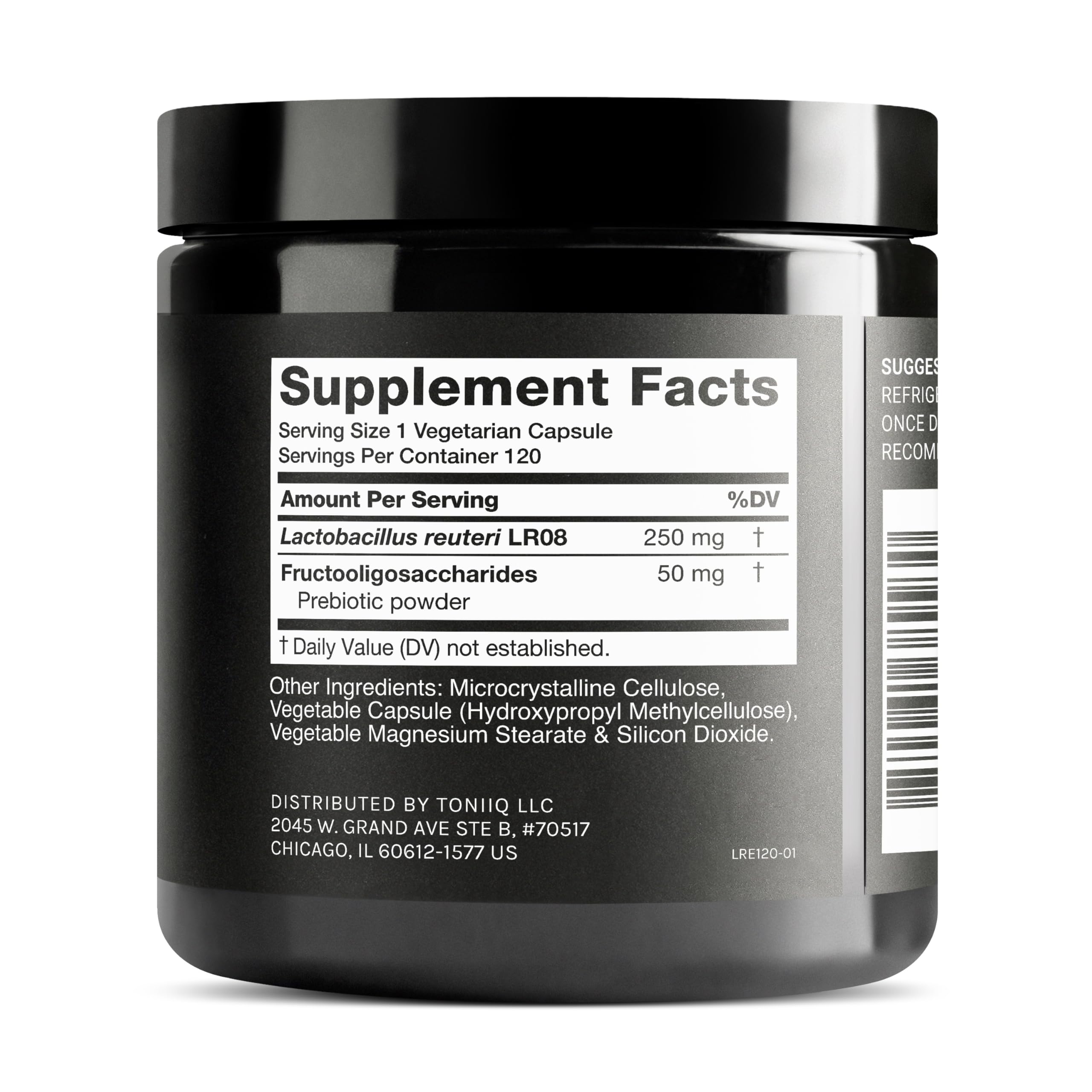 Closeup of Toniiq L. Reuteri capsules highlighting vegetarian formula.