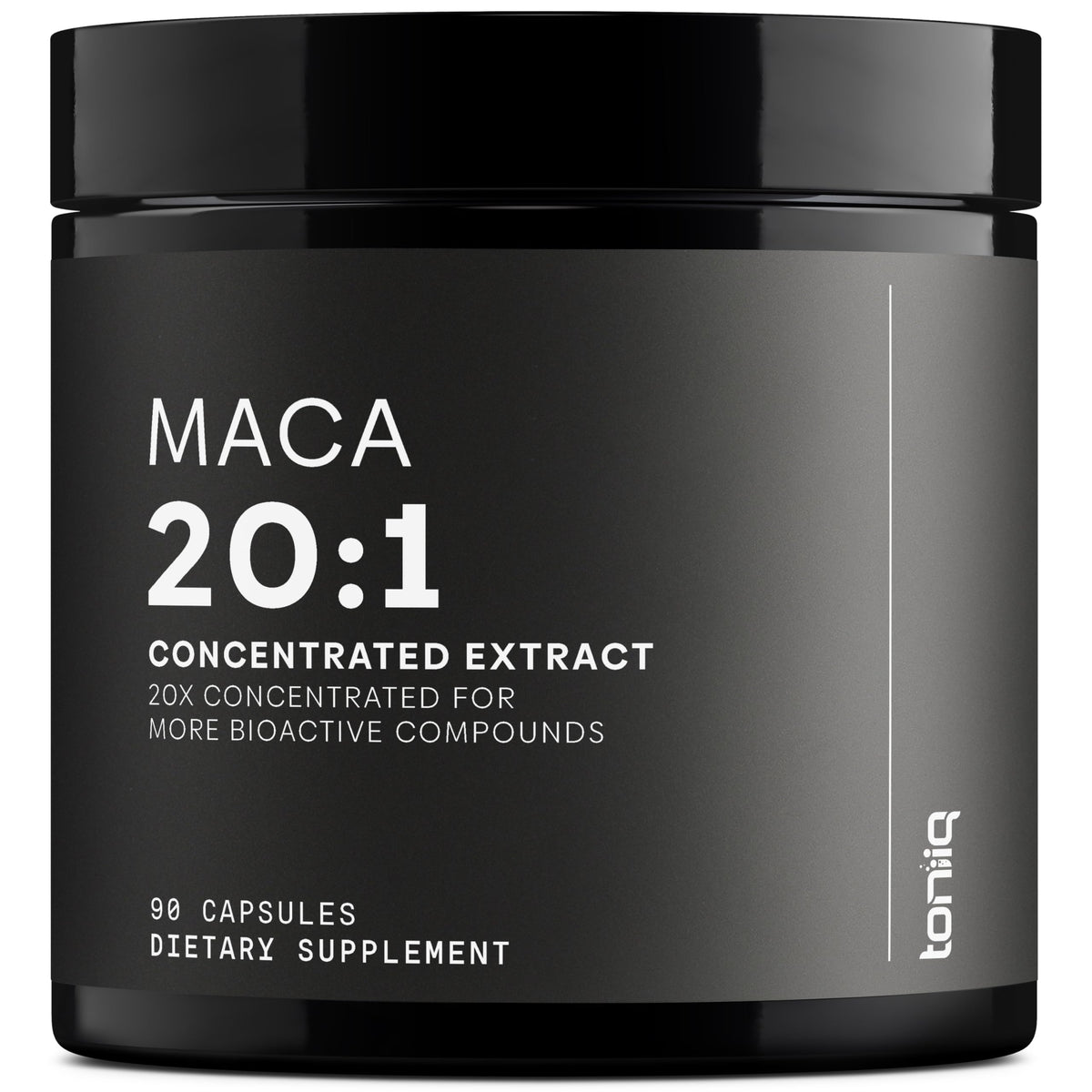 Toniiq Maca 20:1 extract capsules in bottle front for daily vitality