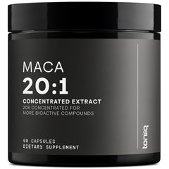 Toniiq Maca 20:1 extract capsules in bottle front for daily vitality