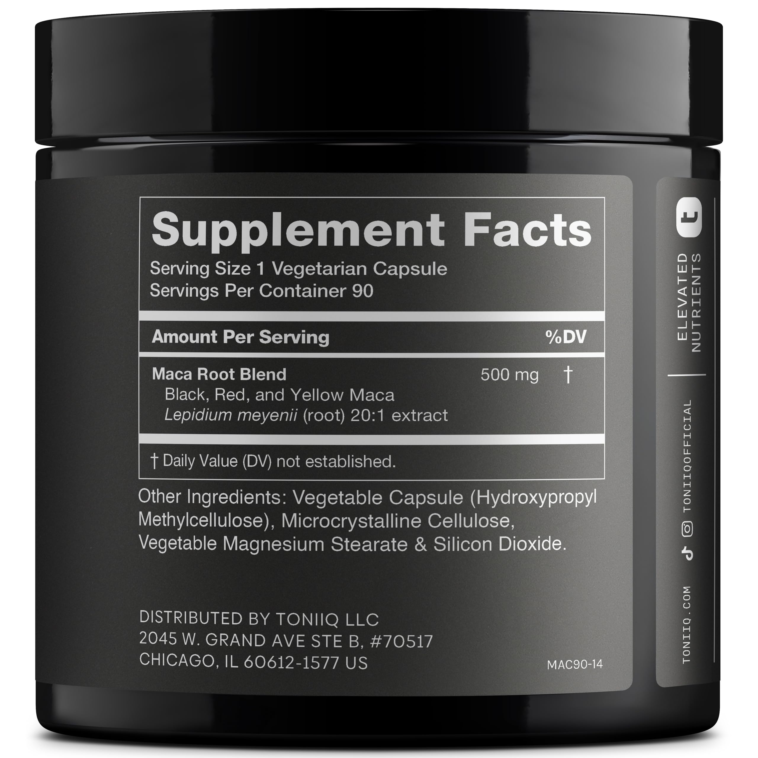 Toniiq triple-color maca blend capsules showcasing black, red, and yellow varieties