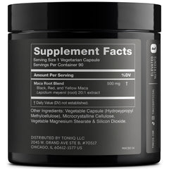 Toniiq triple-color maca blend capsules showcasing black, red, and yellow varieties