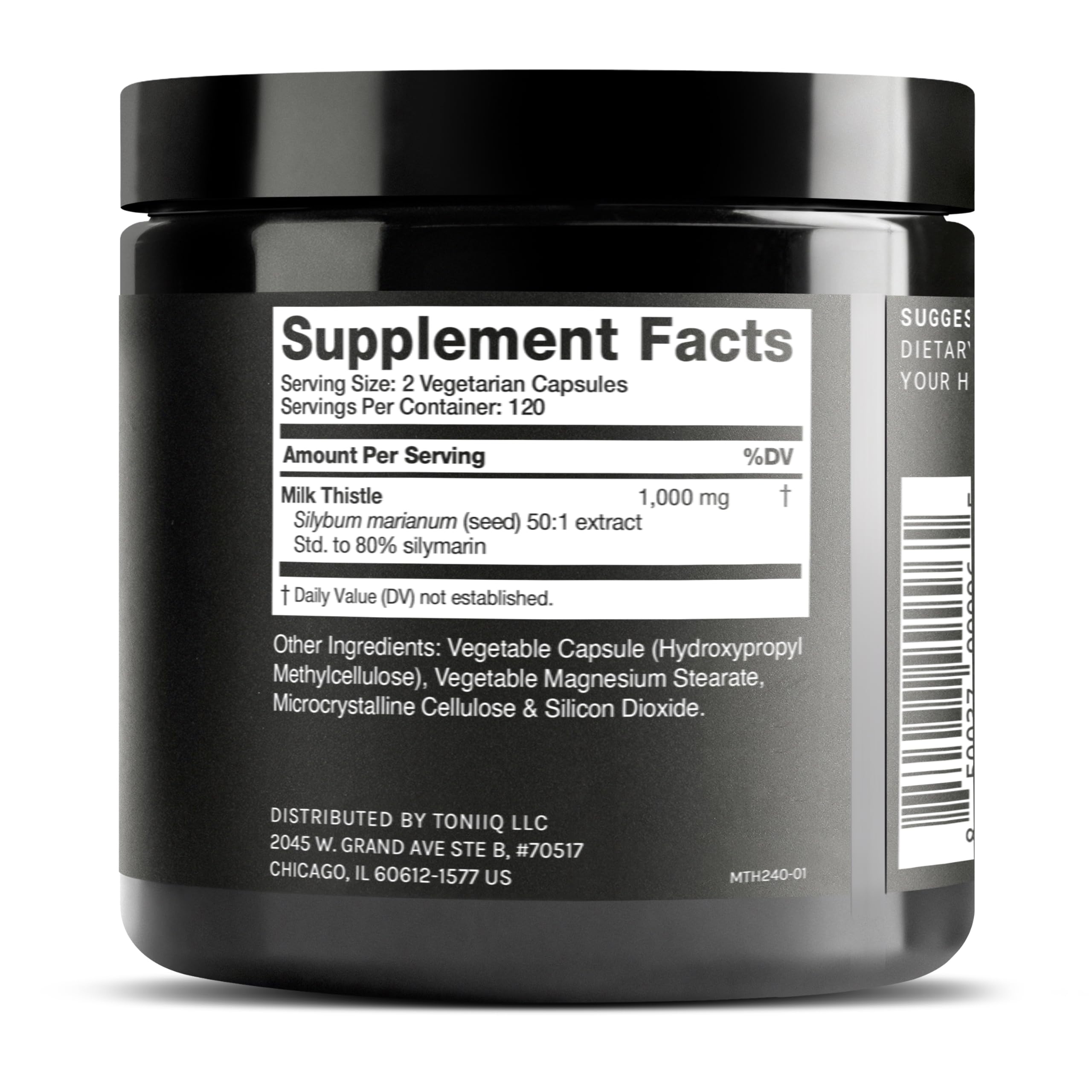 Toniiq Milk Thistle capsules close up showing high potency