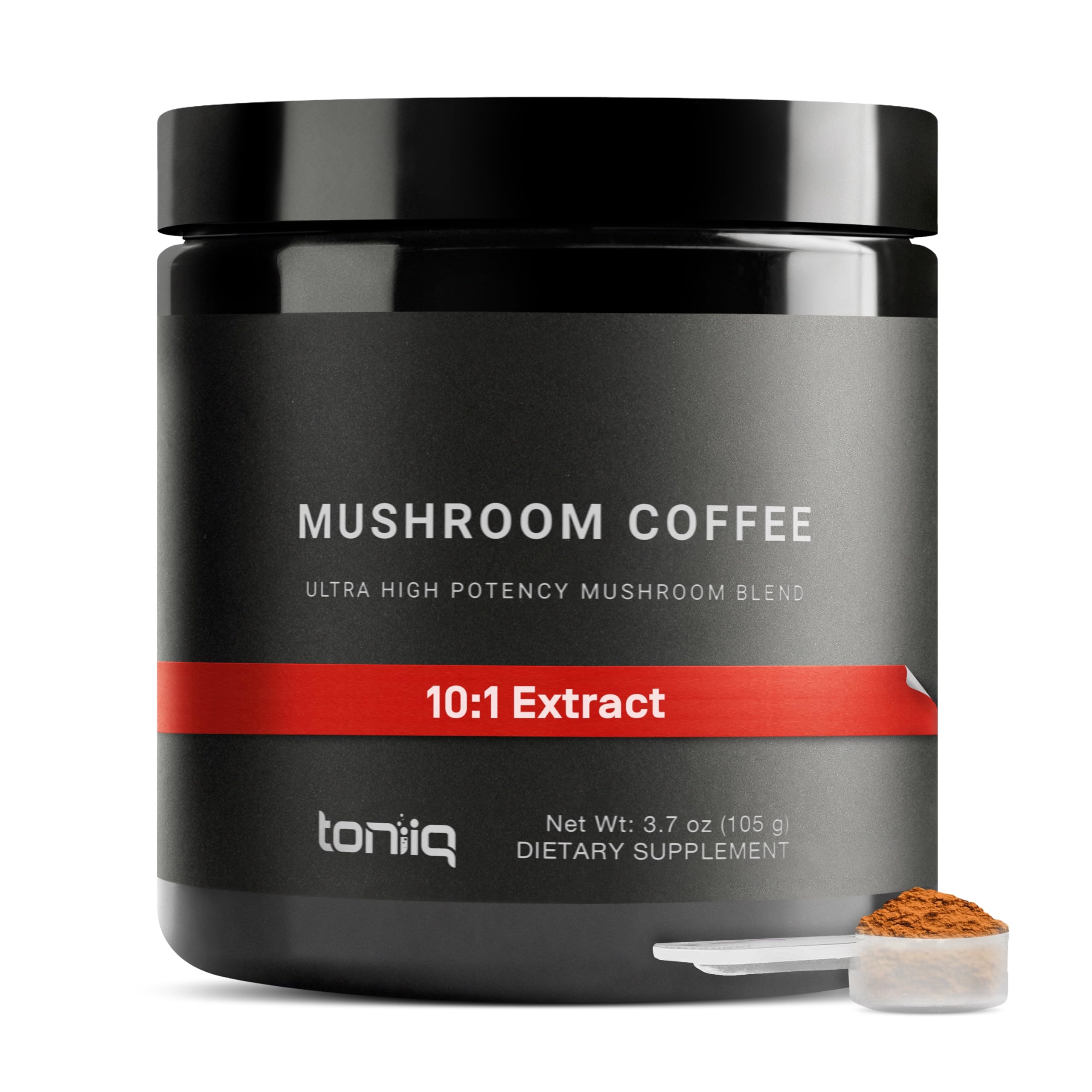 Toniiq Mushroom Coffee bottle showing the 10-mushroom blend for potent daily focus.