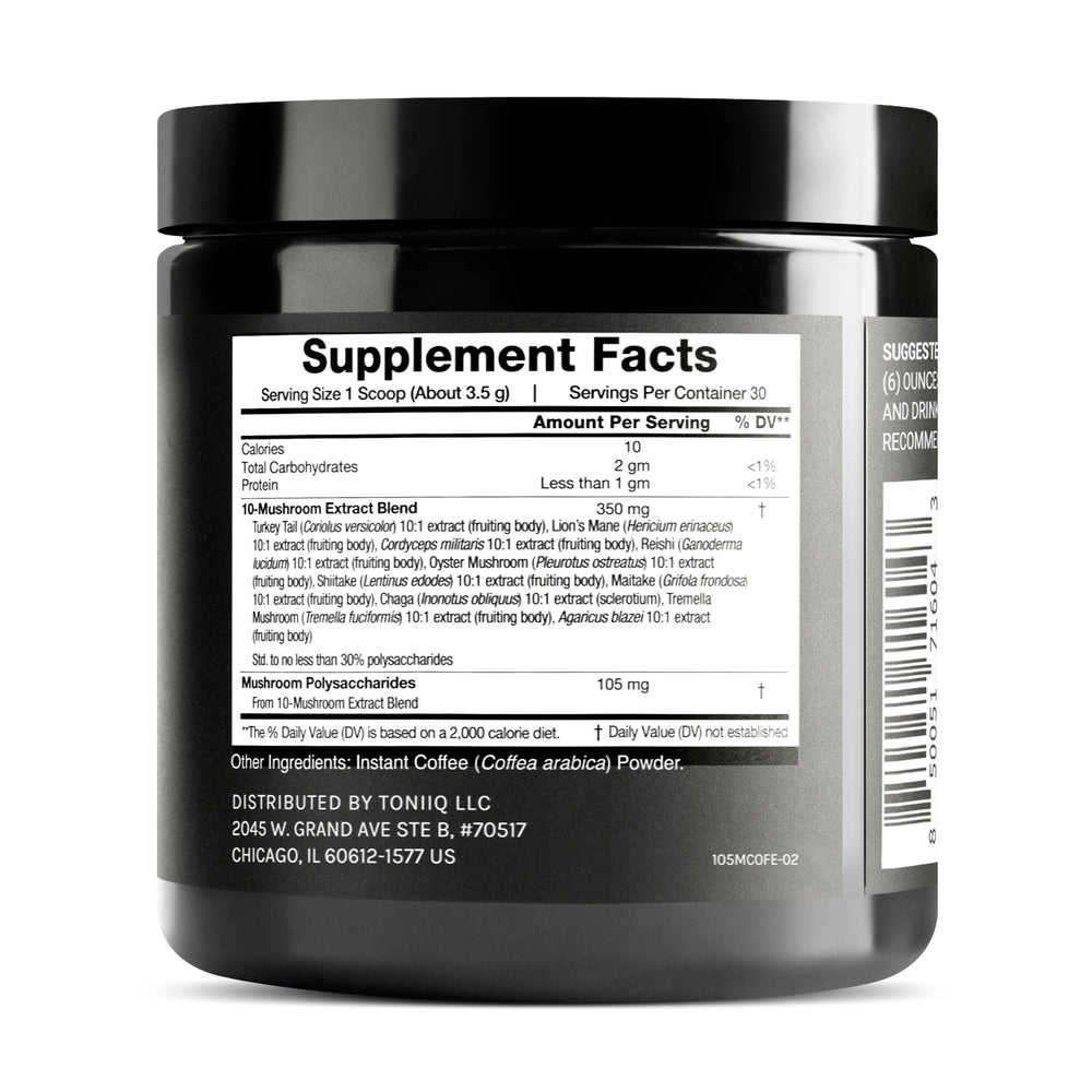 Toniiq Mushroom Coffee cup ready to drink for crisp clarity and sustained energy.