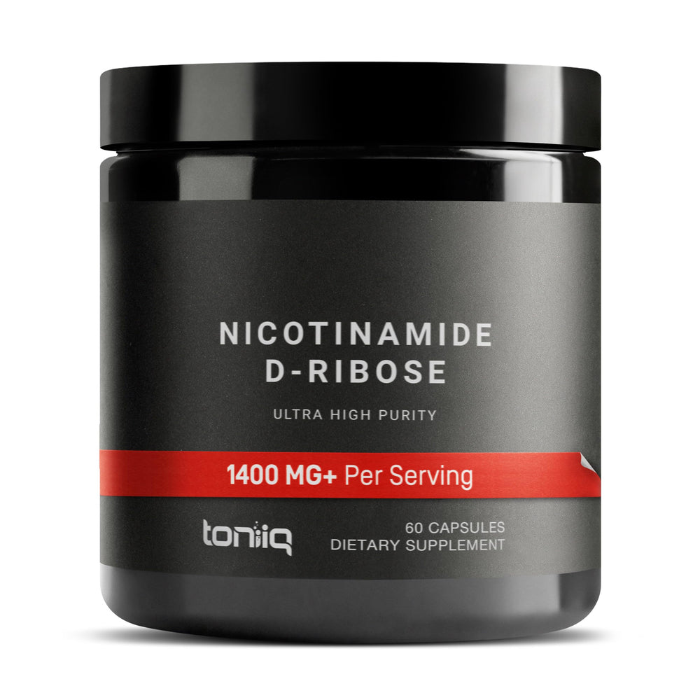 Toniiq NAD+ 1400mg bottle showing RiaGev formula for daily energy support.