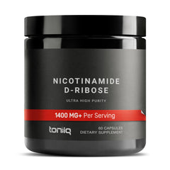 Toniiq NAD+ 1400mg bottle showing RiaGev formula for daily energy support.