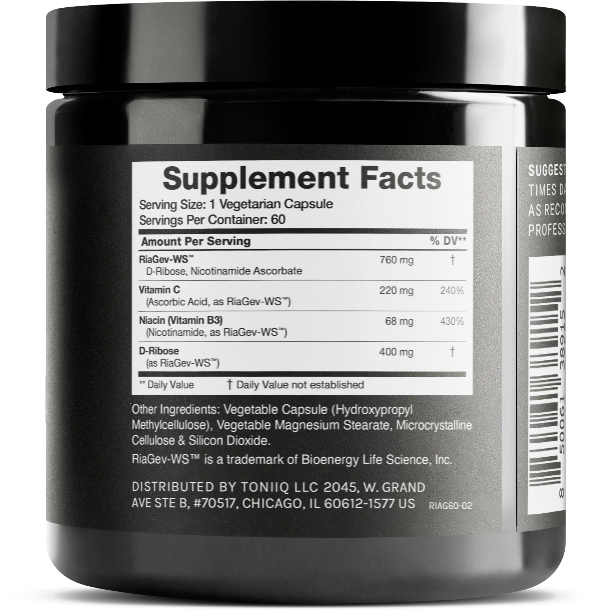 Toniiq NAD+ capsules close-up highlighting patent formula for enhanced absorption.