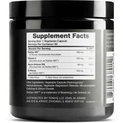 Toniiq NAD+ capsules close-up highlighting patent formula for enhanced absorption.