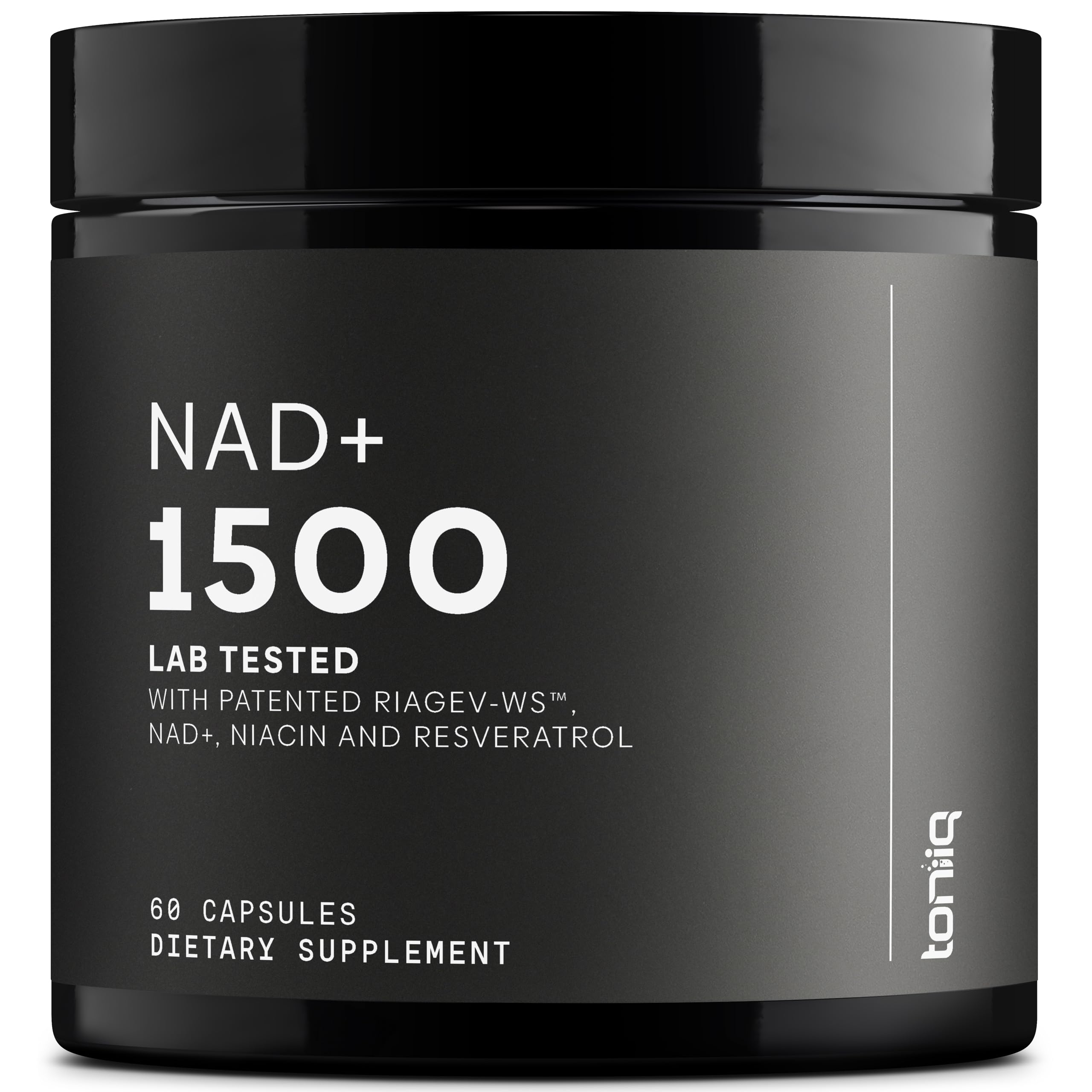 Toniiq NAD+ 1500mg bottle close-up highlighting potency and ingredients
