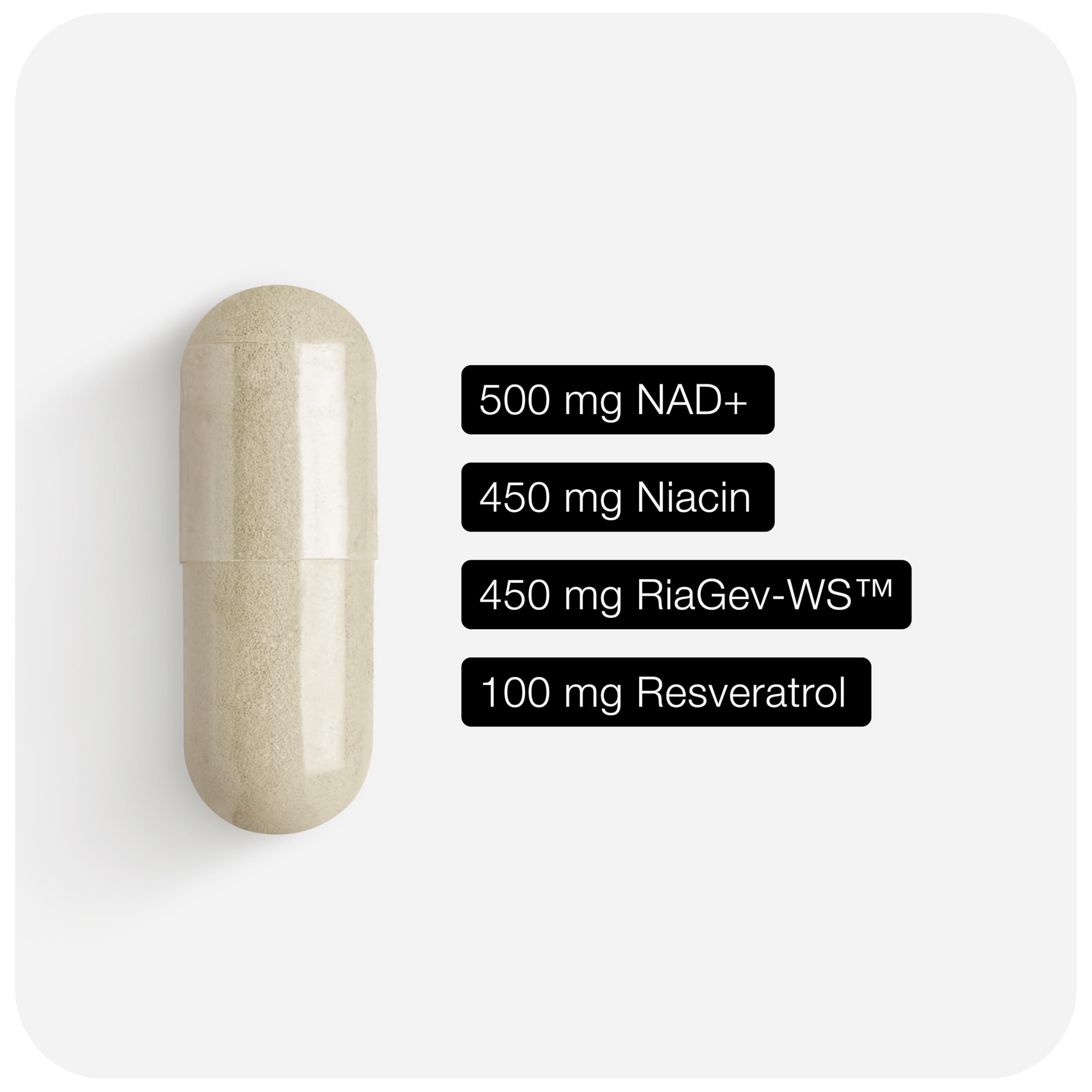 Toniiq NAD+ label focused on NAD+, Resveratrol, Niacin ingredients