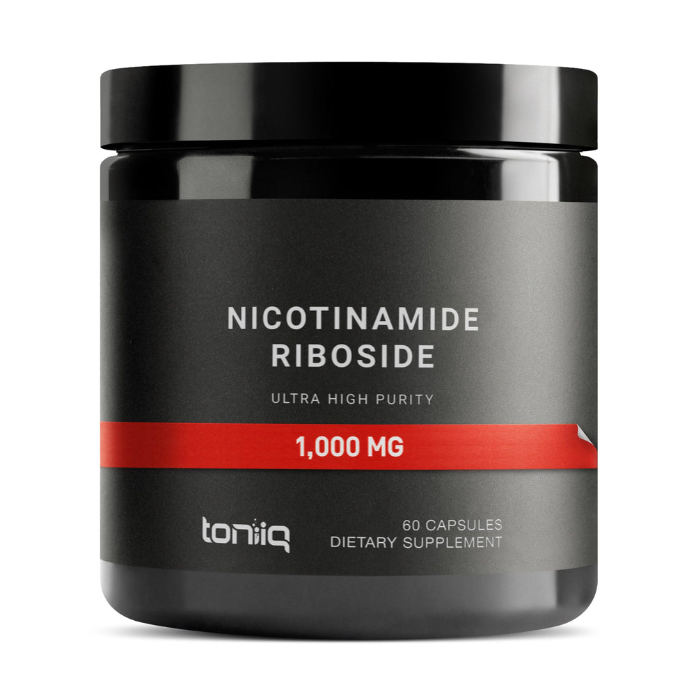 Toniiq Nicotinamide Riboside 1000 mg bottle highlights high-potency NR for daily cellular support.