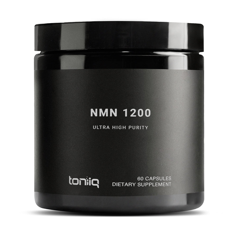 Toniiq NMN 1200mg capsules in bottle for high-purity daily dosing.