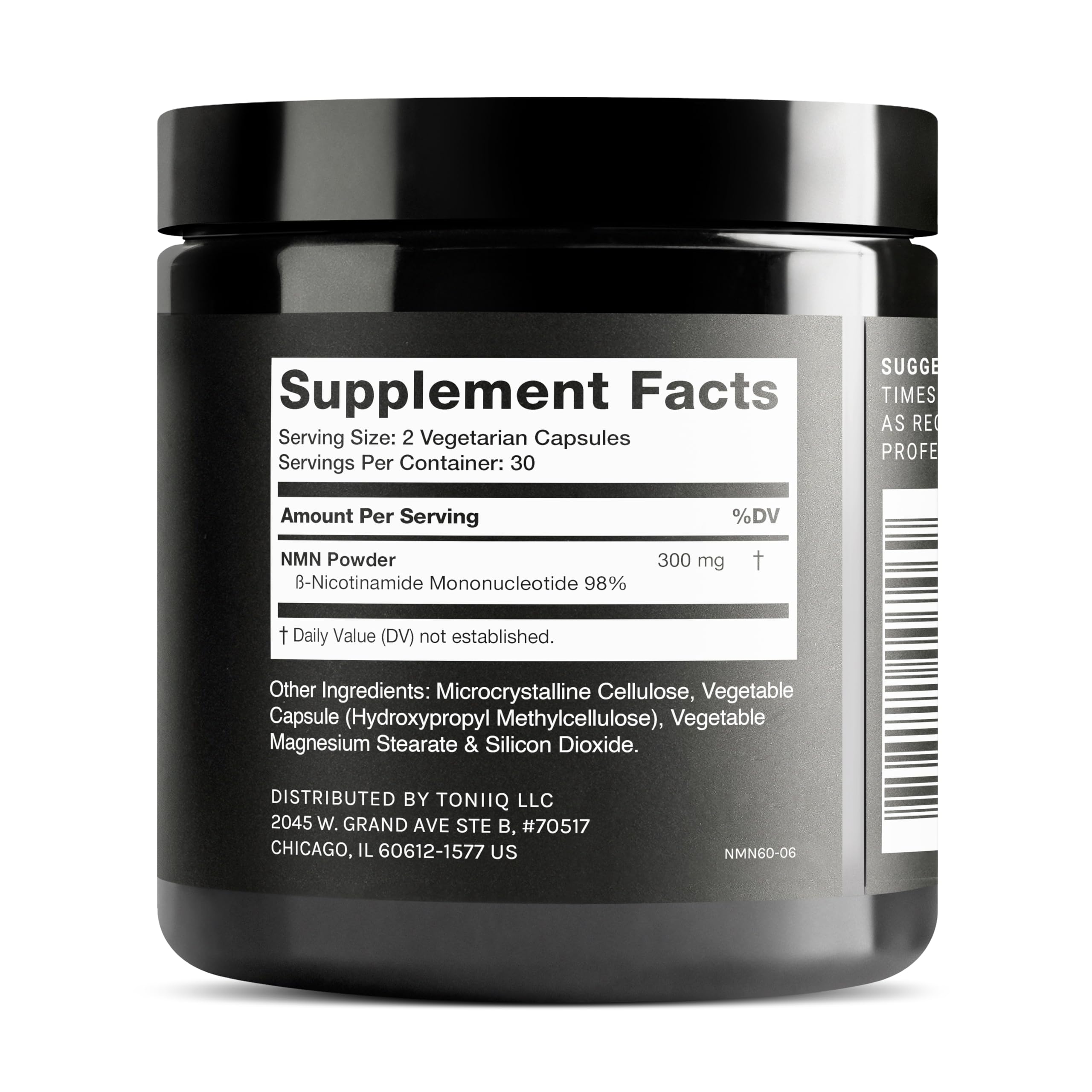 Toniiq NMN capsules close-up shows smooth capsules and a clear purity emphasis.