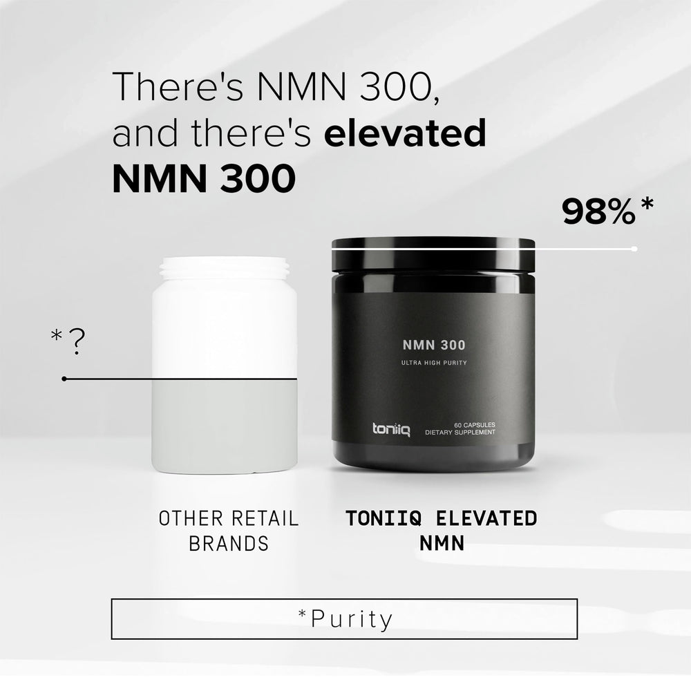 Toniiq NMN packaging box displays label with 98% purity and non-refrigerated stability.