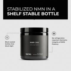 Toniiq NMN sealed amber bottle protects contents from light and moisture.