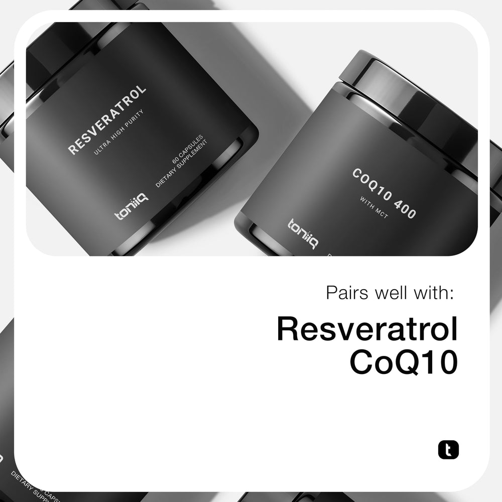 Toniiq NMNH ingredients card outlining NMNH, resveratrol, quercetin, and TMG.