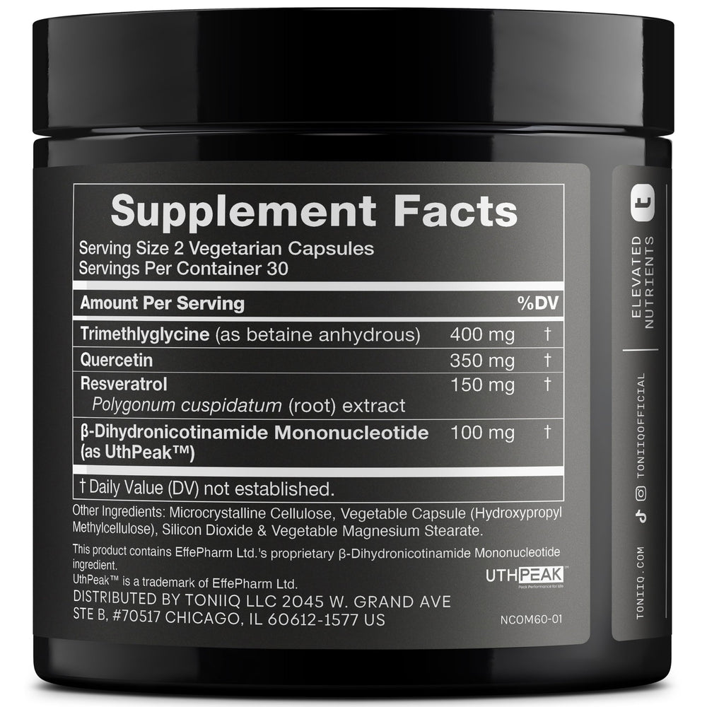 Toniiq NMNH label close-up highlighting potency and ingredients.