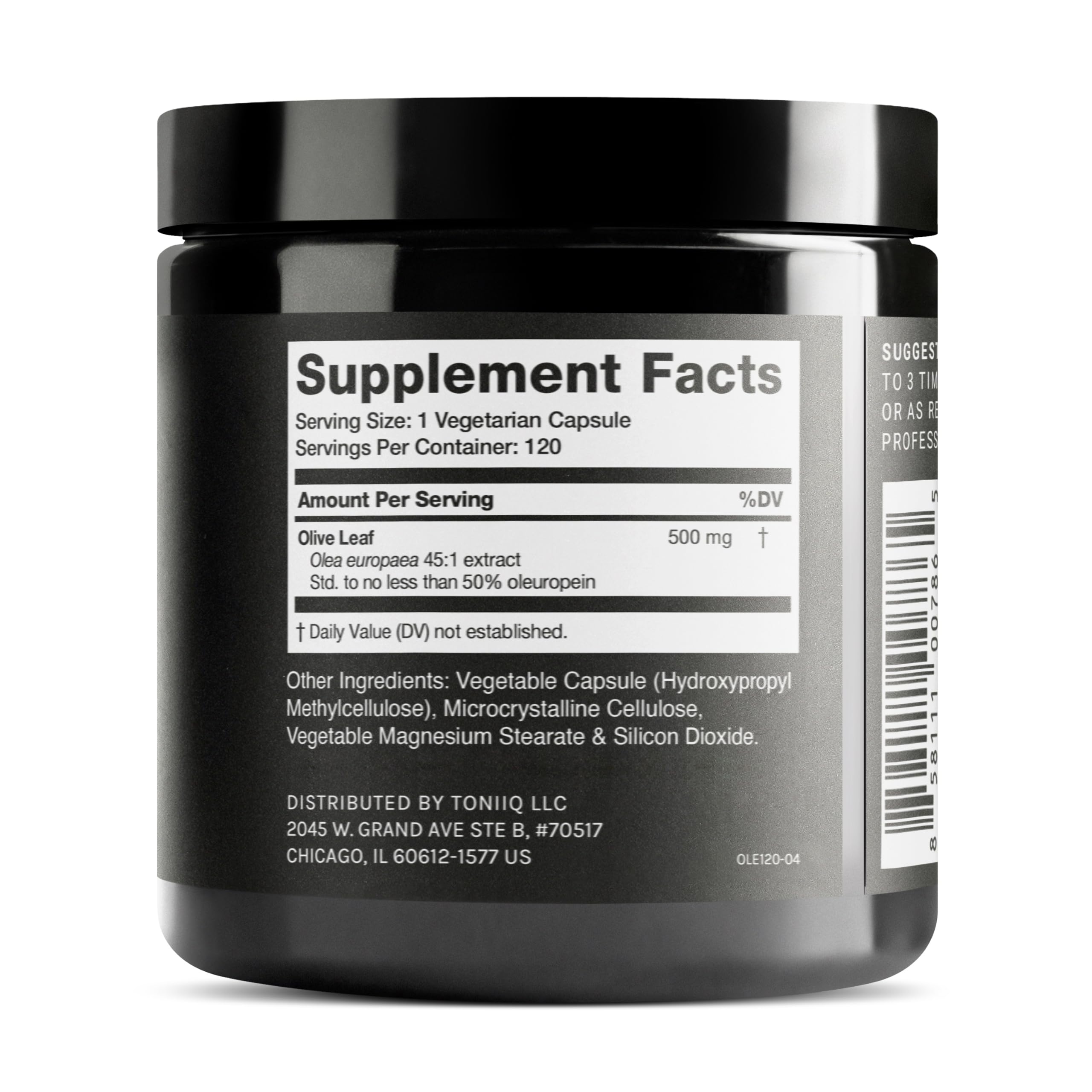 Toniiq Olive Leaf Extract oleuropein-50-percent pill closeup shows concentrated formulation.