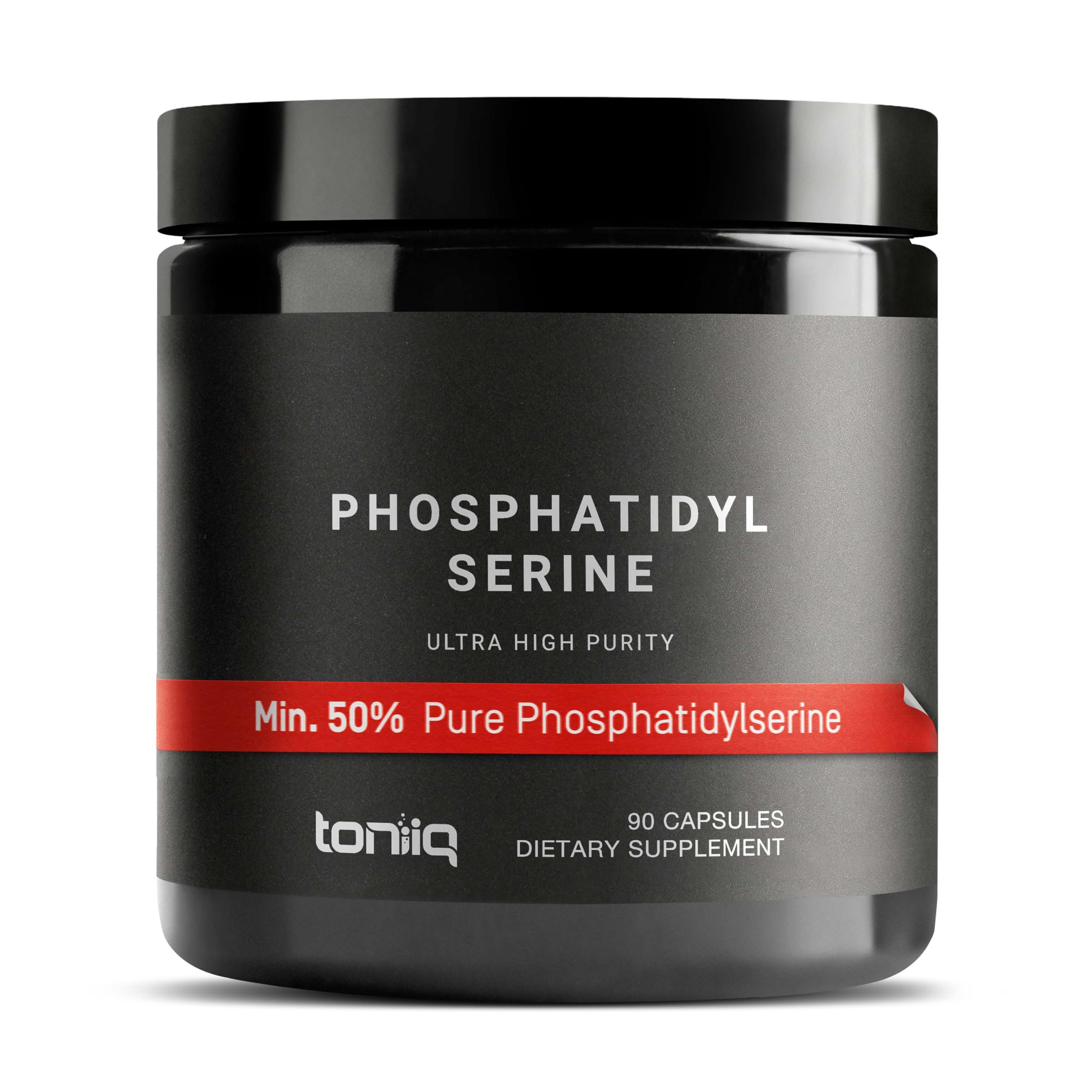 Toniiq Phosphatidylserine 50% purity bottle highlighting premium formula for clarity and focus potential.
