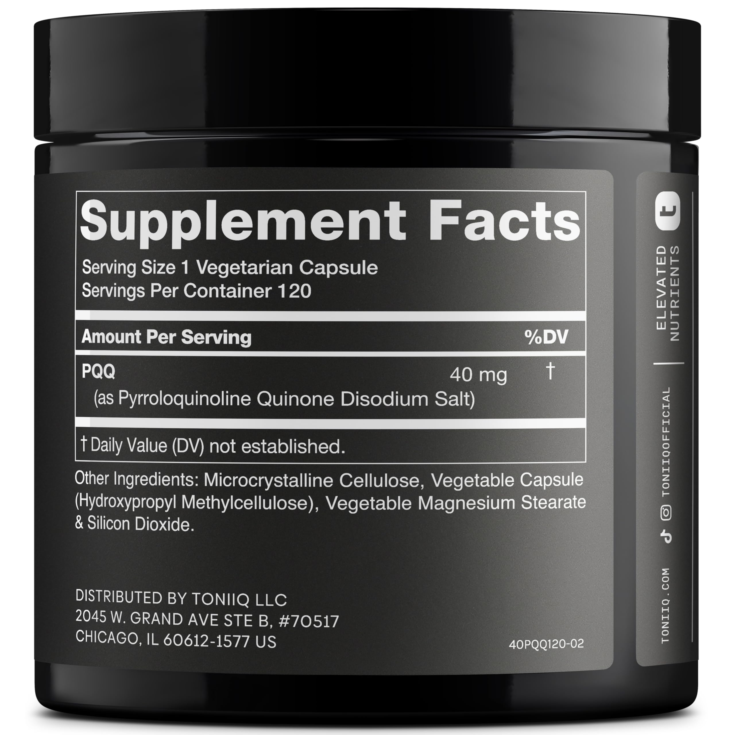 Toniiq PQQ 40mg bottle back label showing dosage and quality info