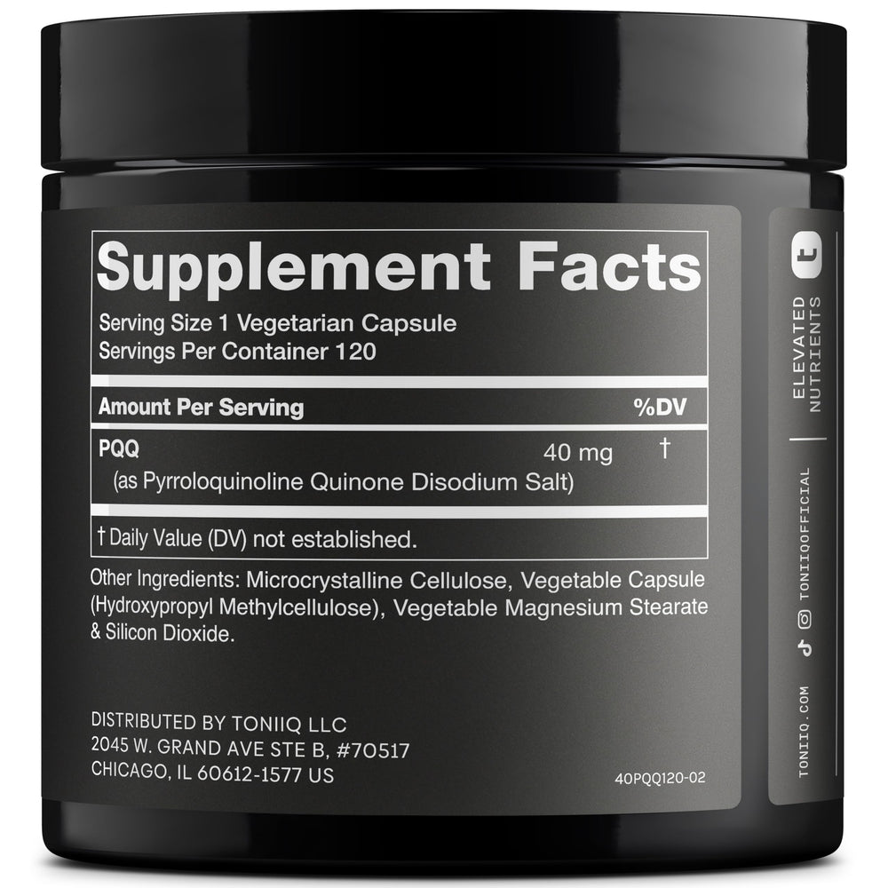 Toniiq PQQ 40mg bottle back label showing dosage and quality info