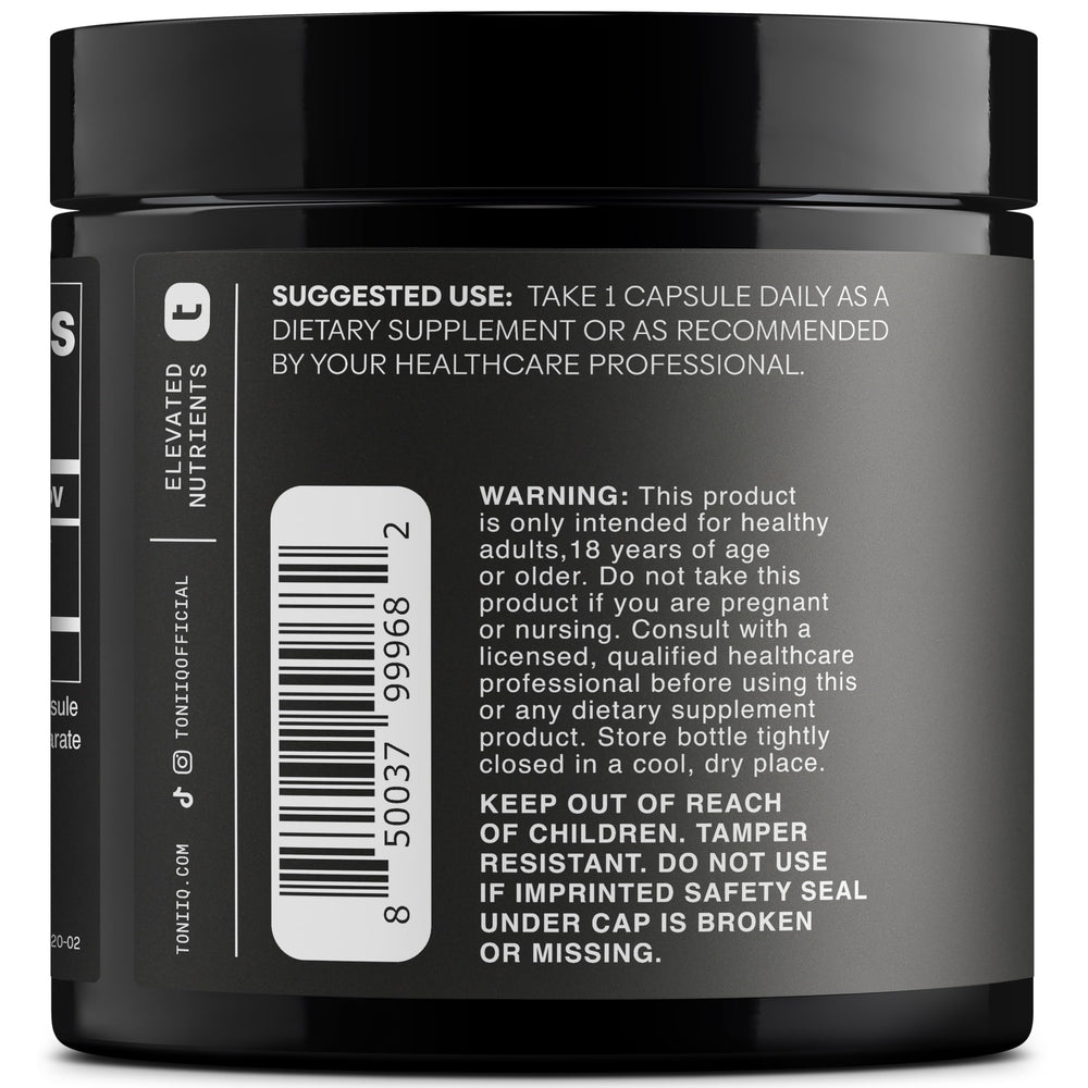 Close-up of Toniiq PQQ 40mg capsules highlighting vegetarian capsule form