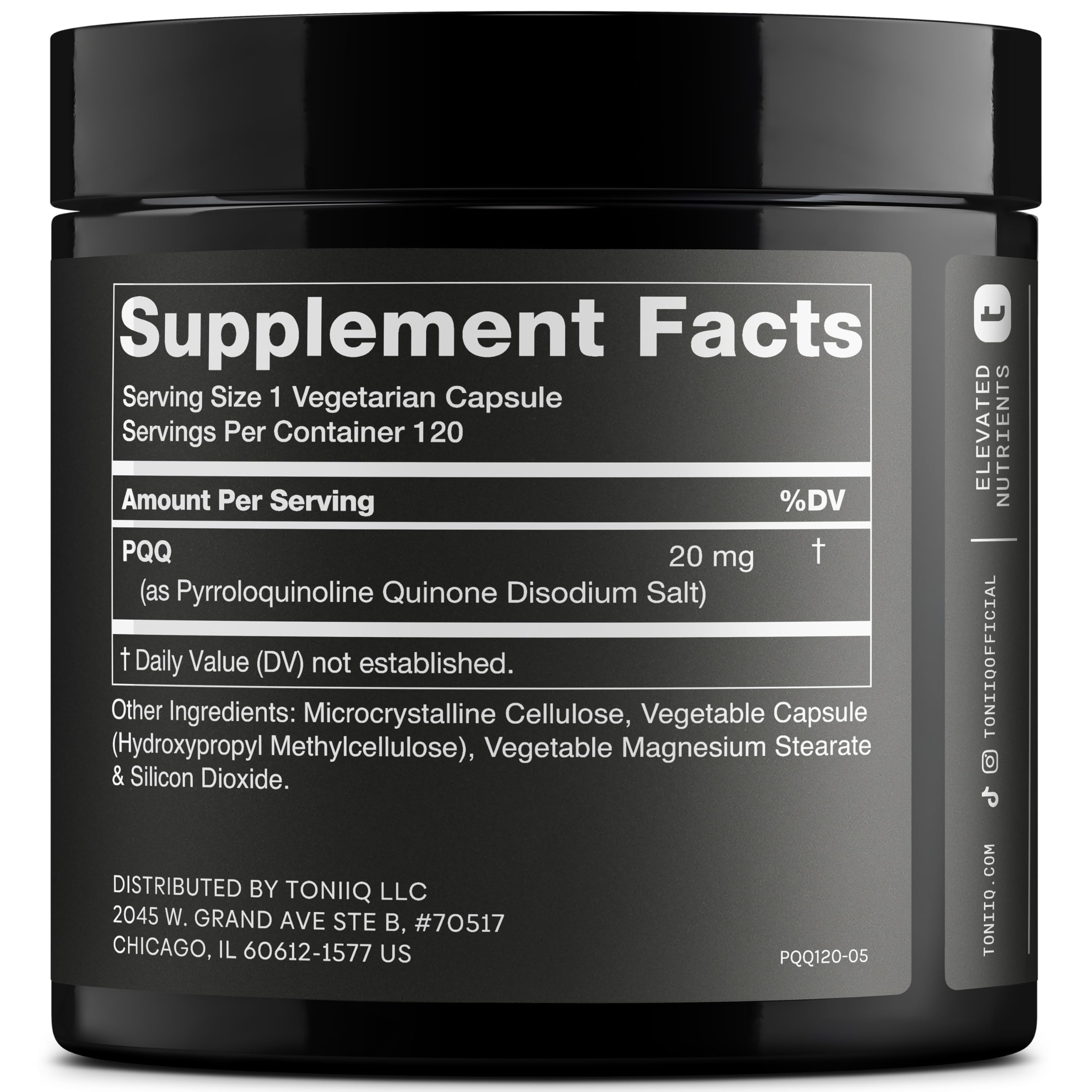 Toniiq PQQ bottle label closeup highlights high-purity formula and sourcing.