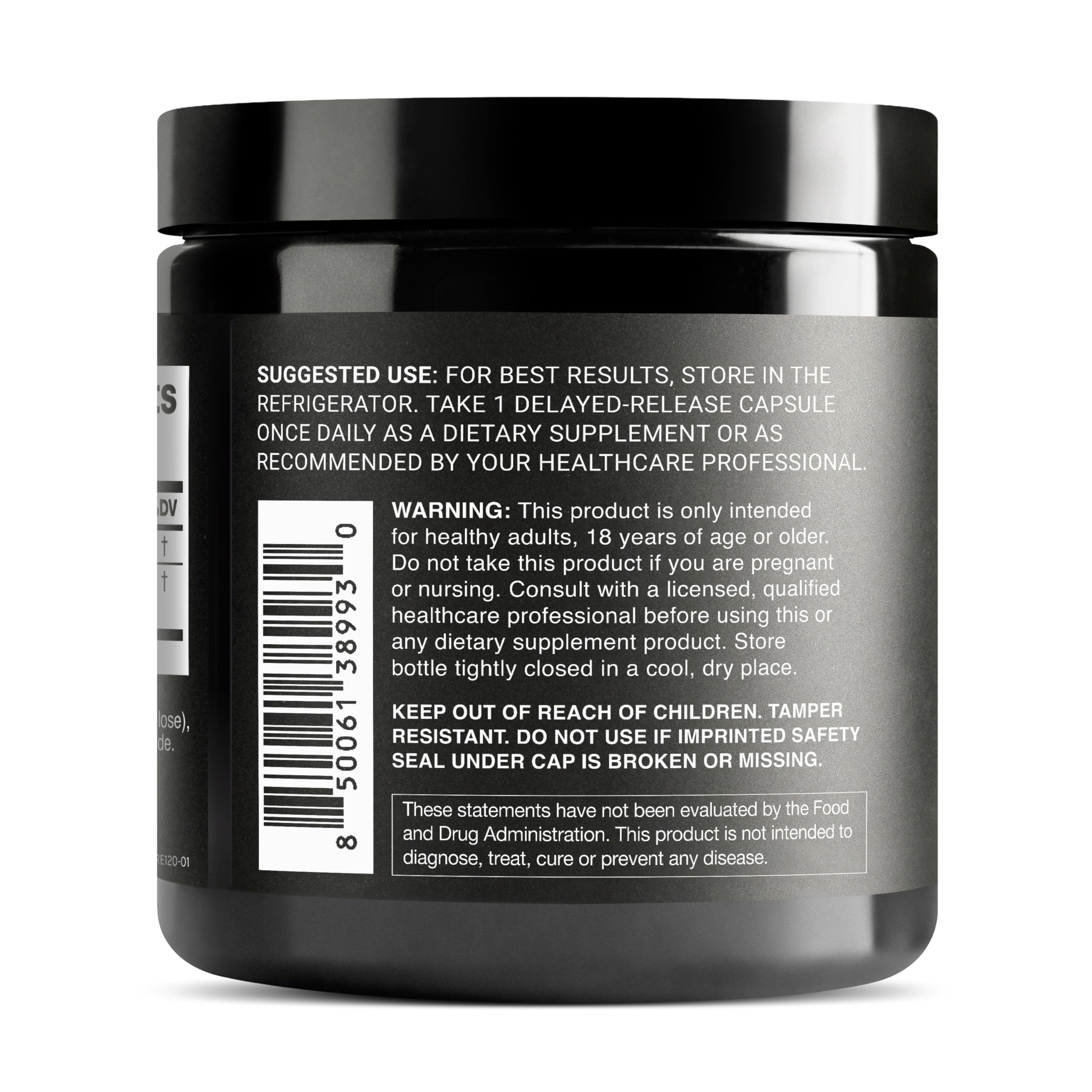 Detail of probiotic bottle label with CFU count and purity seals.