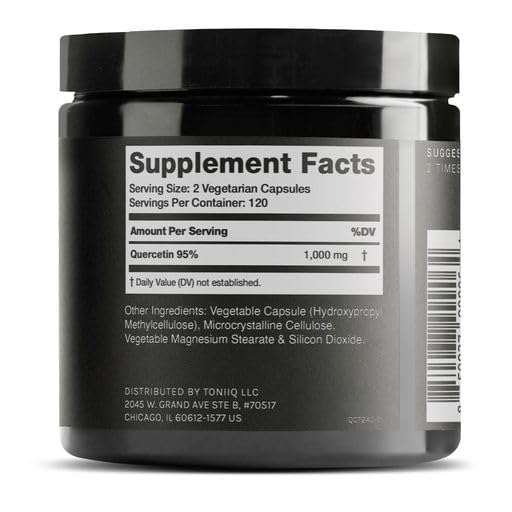 Toniiq Quercetin capsules label close up highlighting purity and potency