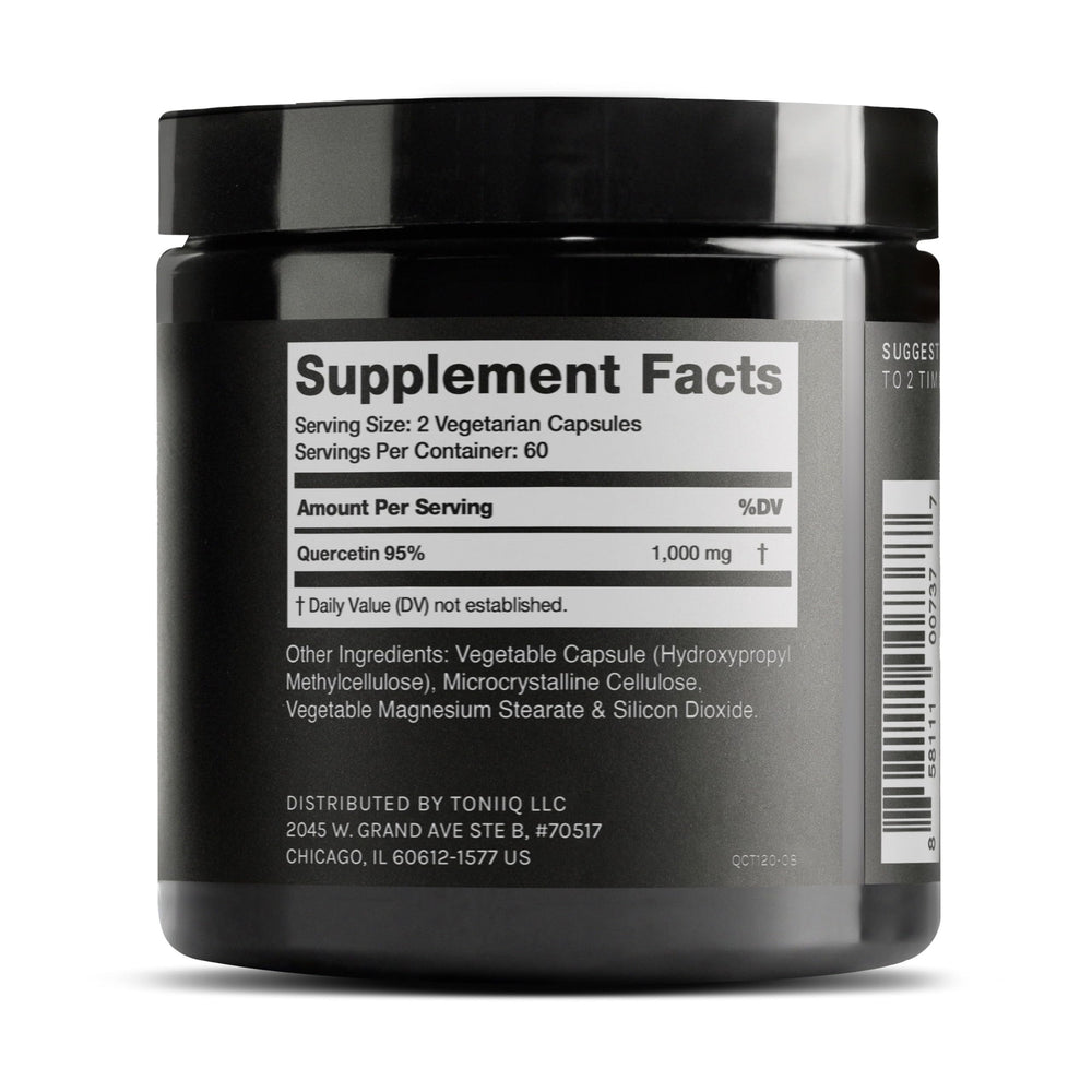Toniiq Quercetin capsules jar highlighting standardized 95% purity for potent supplementation.