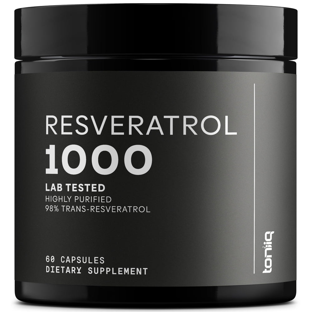Toniiq Resveratrol 1000mg bottle highlighting high-purity polyphenol for daily use