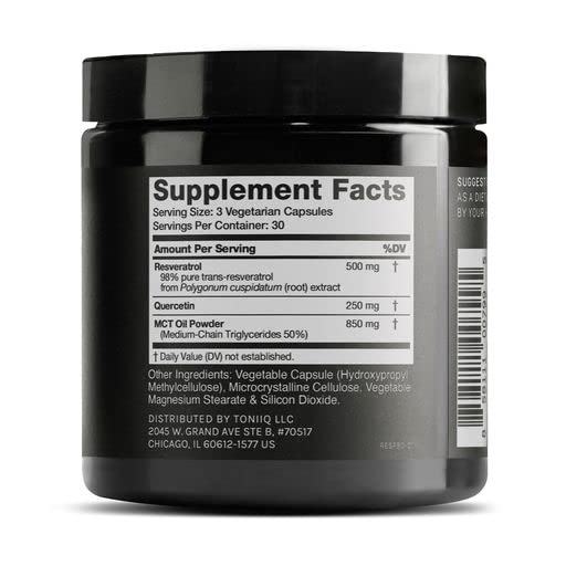 Toniiq Resveratrol Blend bottle being poured for easy daily dosing