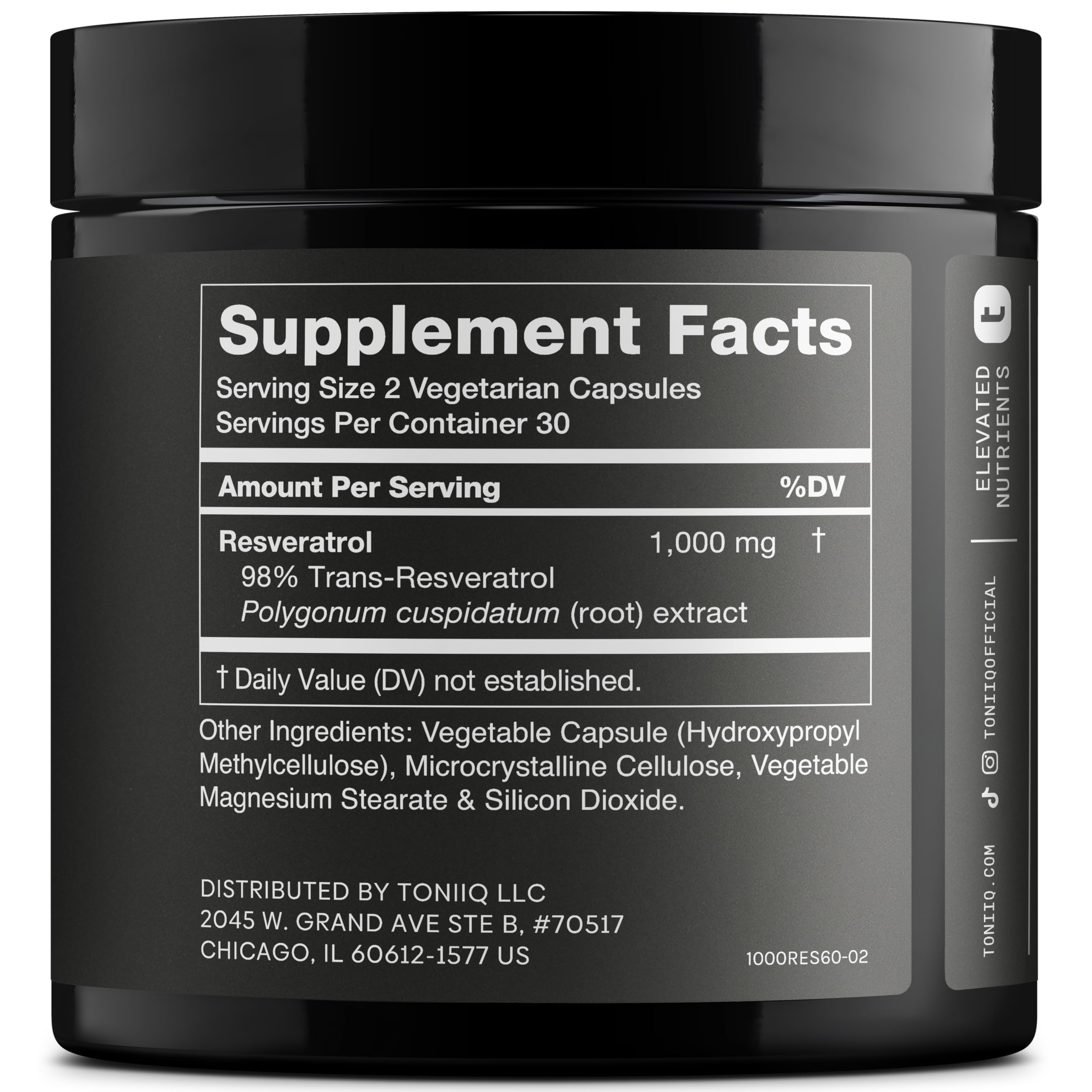 Toniiq Resveratrol capsules close-up emphasizing 98% purity