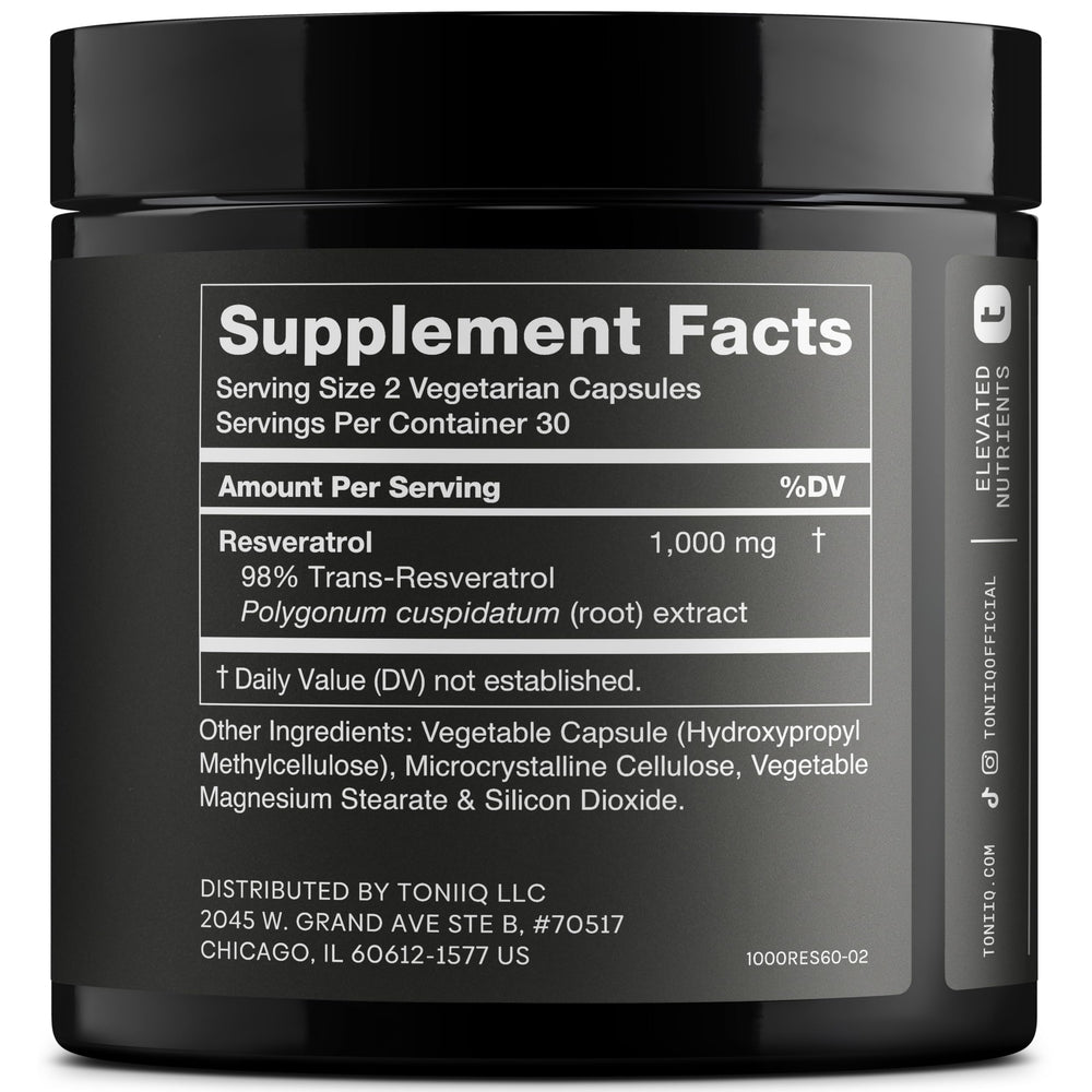 Toniiq Resveratrol capsules close-up emphasizing 98% purity