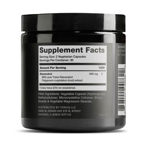 Toniiq Resveratrol capsules closeup highlights 98% trans-resveratrol purity.