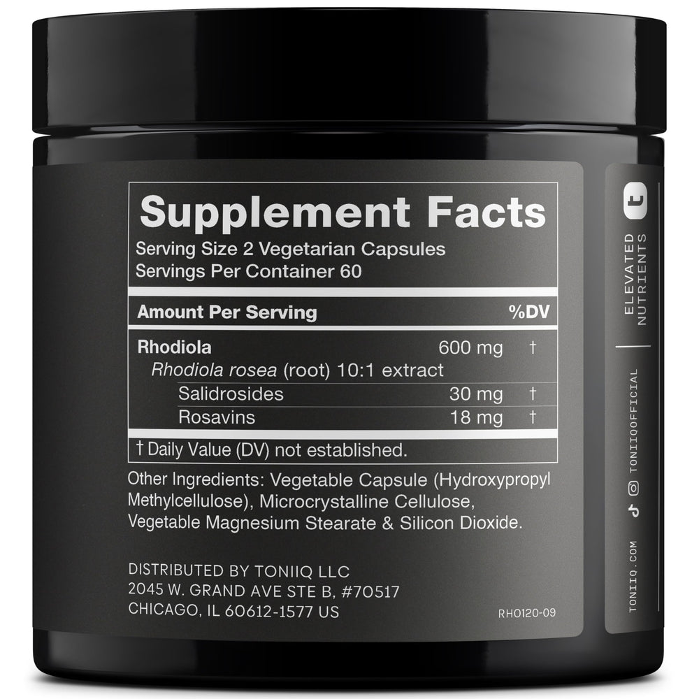Toniiq Rhodiola 5 percent salidroside extract label highlights potency