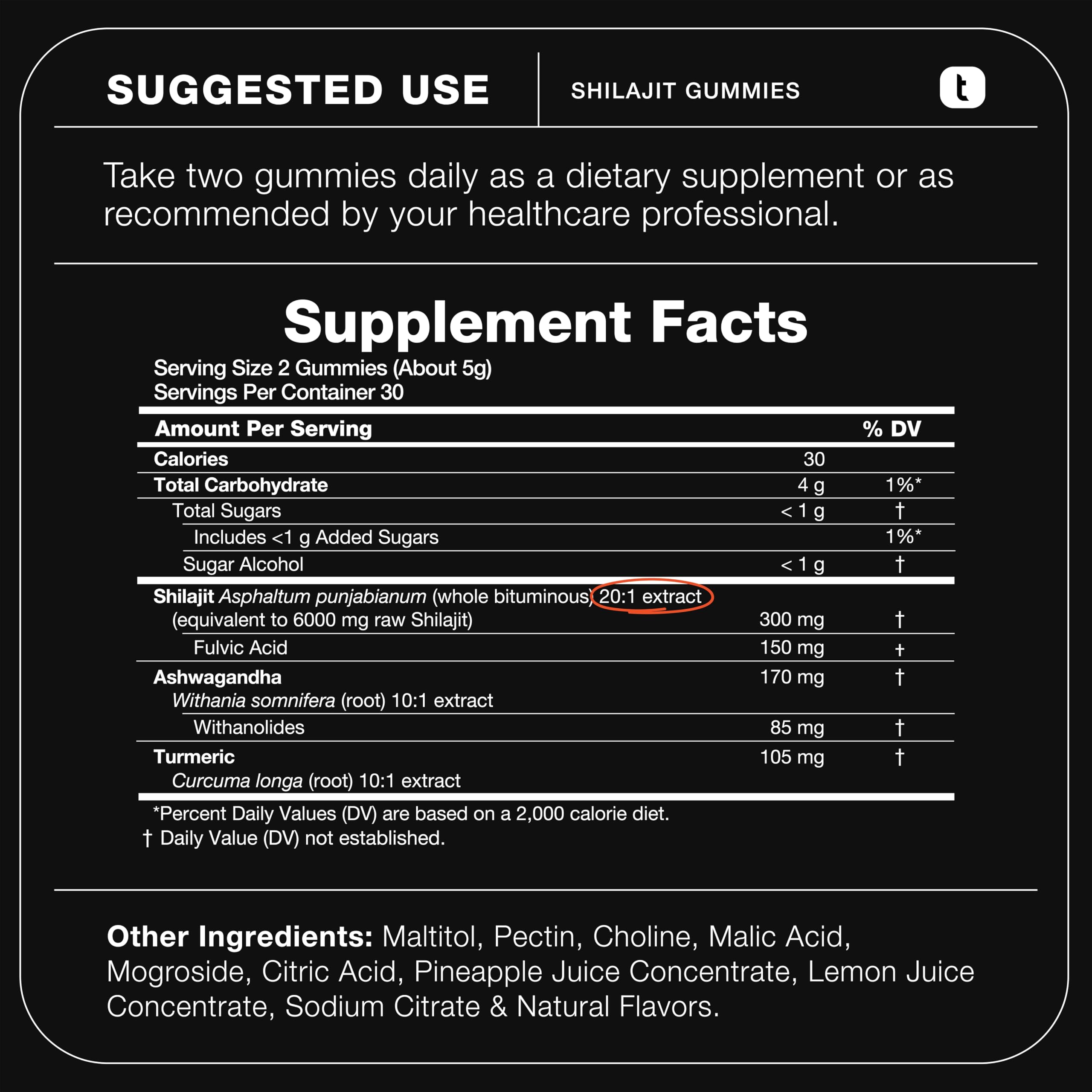 Toniiq Shilajit Gummies ingredients panel highlights 20:1 extract and Ashwagandha.