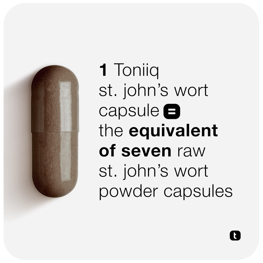 Toniiq St. John's Wort bottle with capsules neatly arranged—120-count packaging