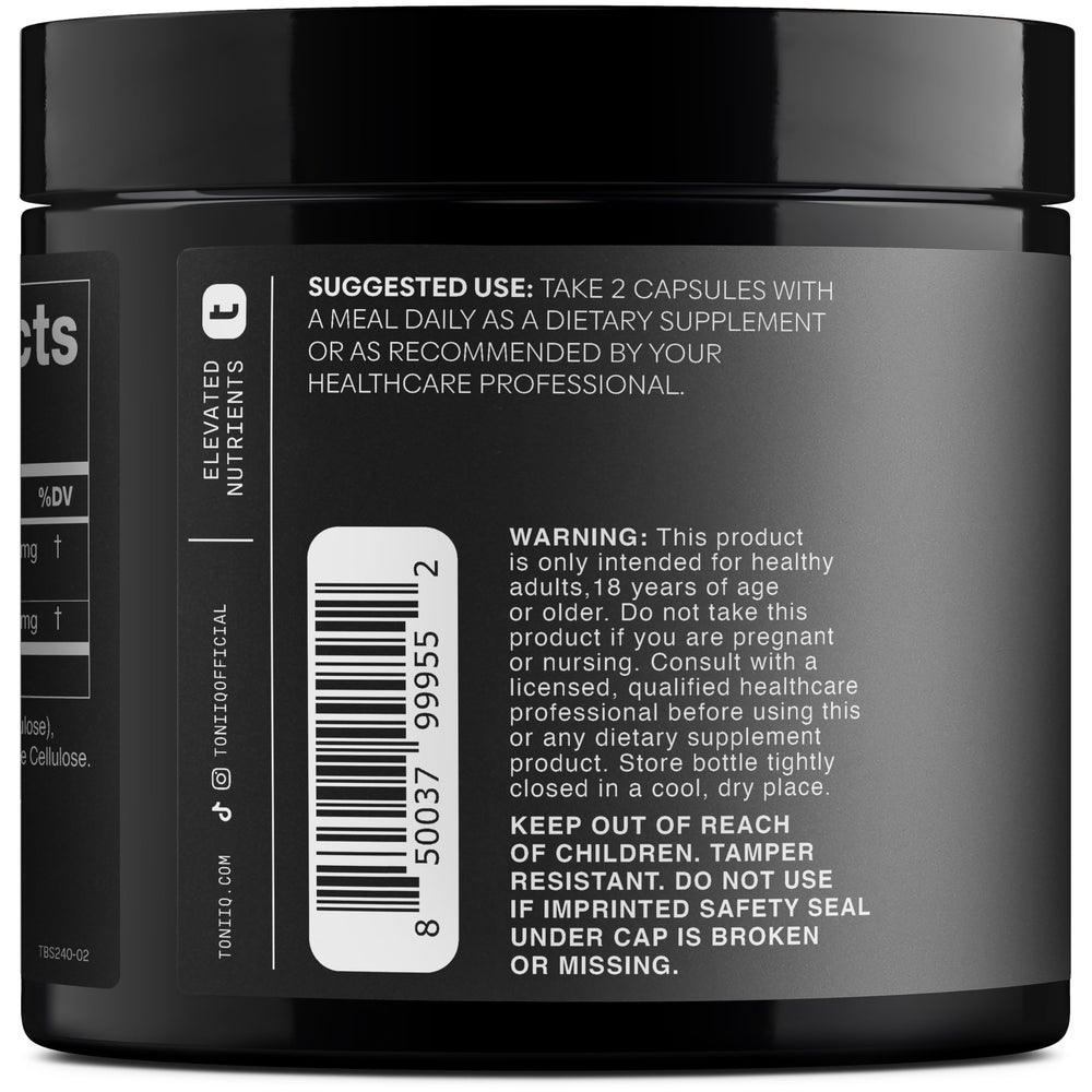 Toniiq Tribulus label front highlighting 95% saponins and 1,300 mg per serving