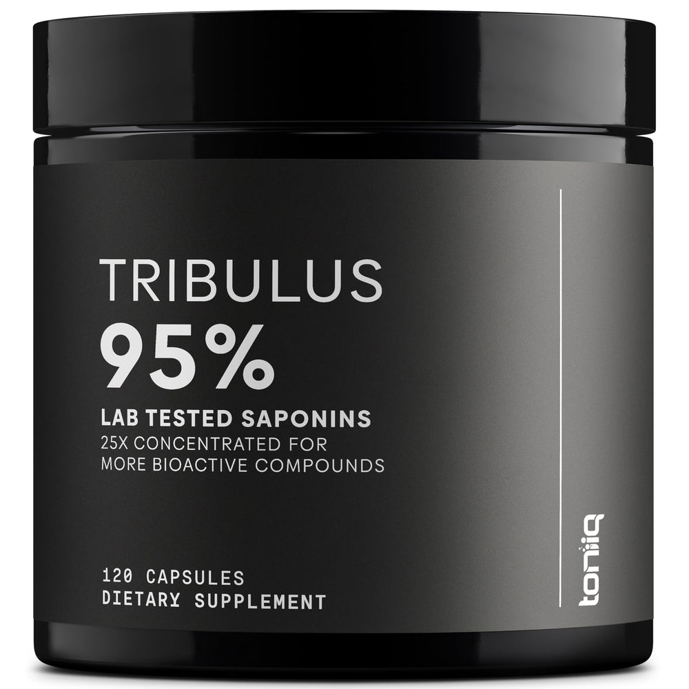 Toniiq Tribulus Terrestris 25:1 extract bottle; high potency supplement for men's wellness.
