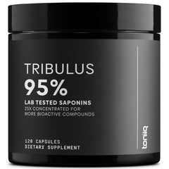 Toniiq Tribulus Terrestris 25:1 extract bottle; high potency supplement for men's wellness.