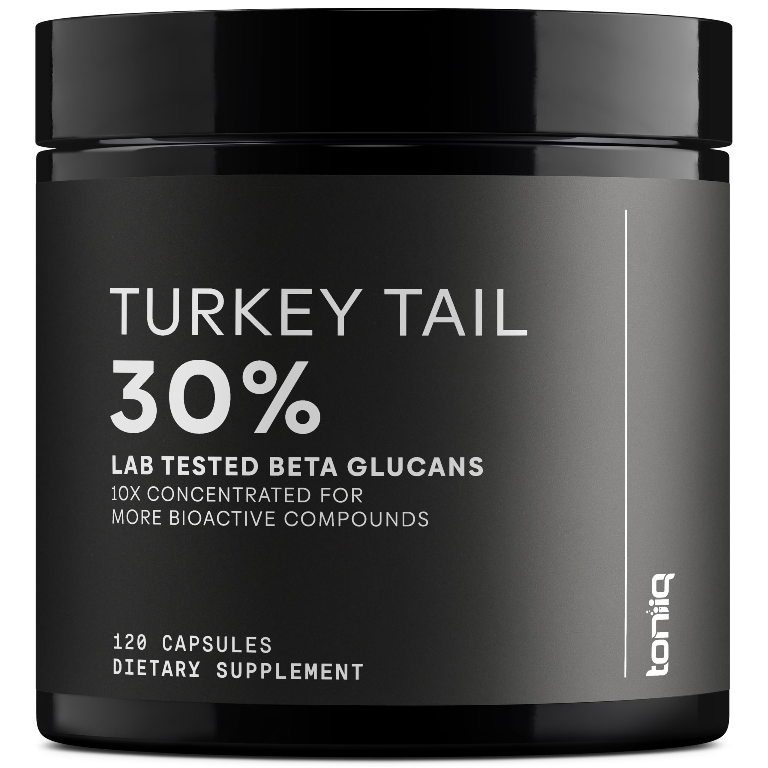 Toniiq Turkey Tail capsules bottle label shows 360 mg beta glucans per serving