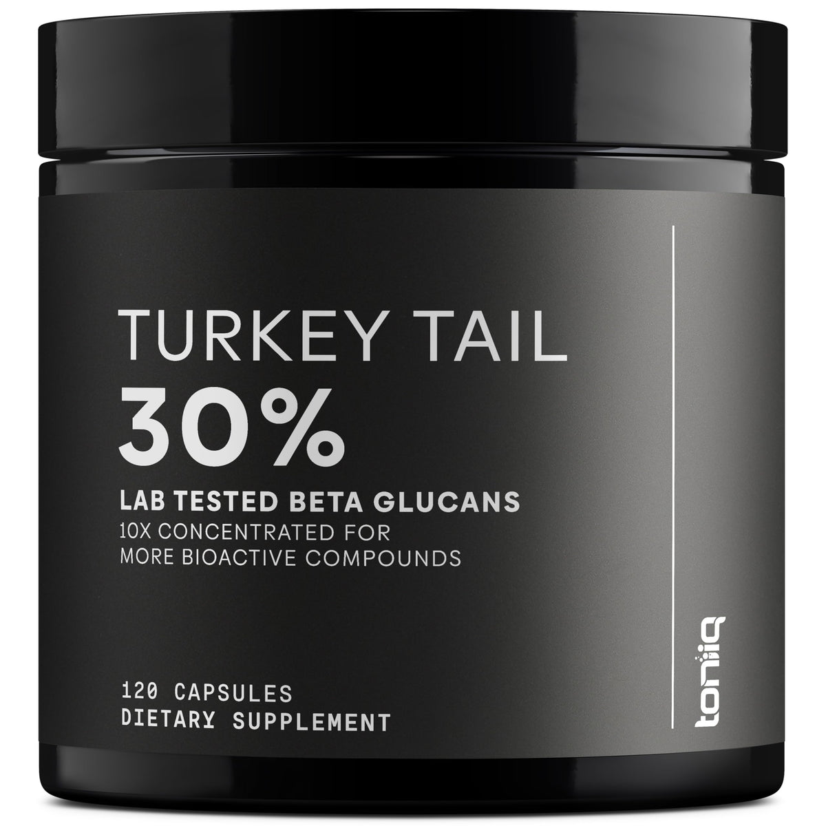 Toniiq Turkey Tail capsules bottle label shows 360 mg beta glucans per serving