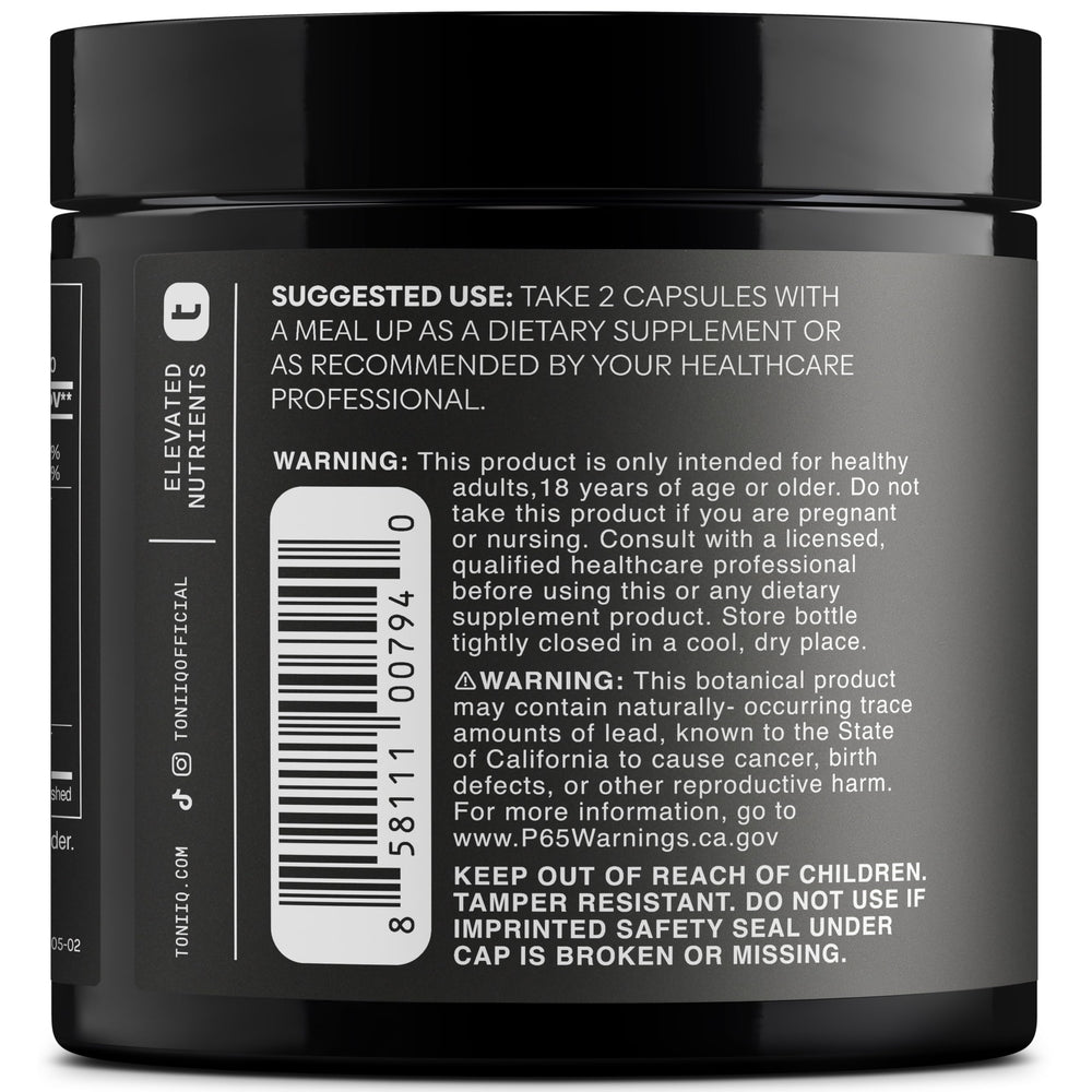 Toniiq Turkey Tail capsules close-up on full-spectrum fruiting bodies