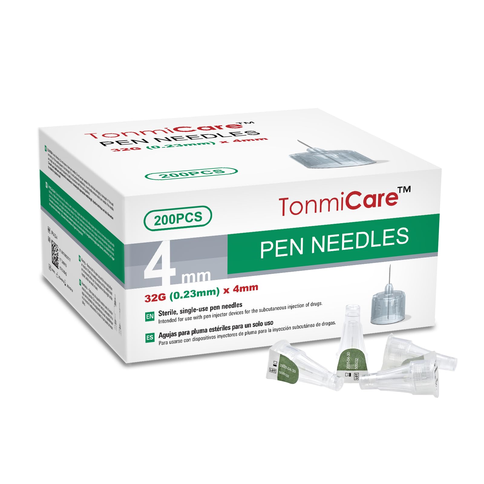 TonmiCare pen needles 32g 4mm packaging close-up showing individual sterile packs.