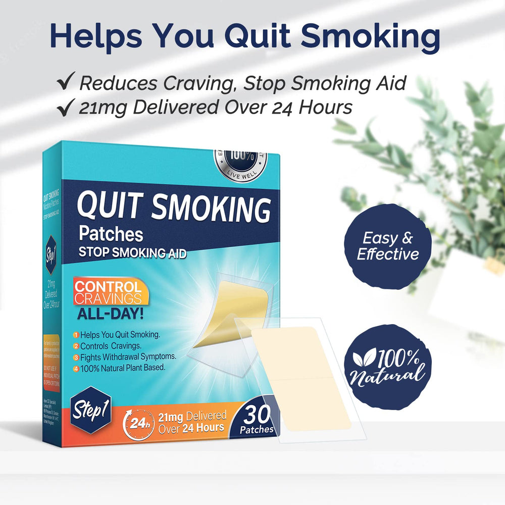 Tooffi quit smoking patch packaging box shows 30-count kit and usage guide.
