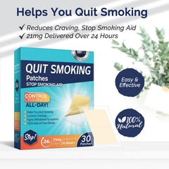 Tooffi quit smoking patch packaging box shows 30-count kit and usage guide.